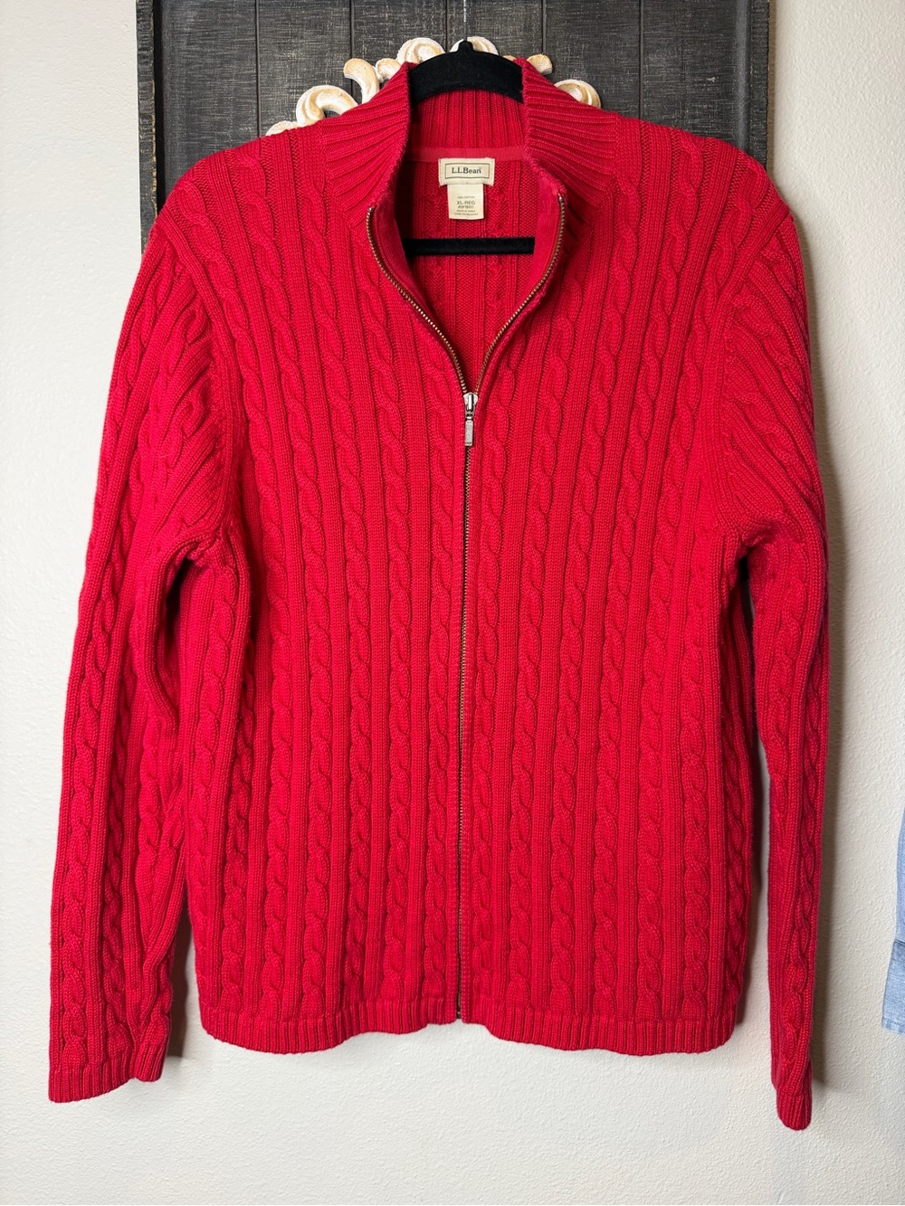 L.L. Bean Women’s Red Cable Knit Full Zip Sweater 100% Cotton XL